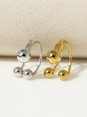 1 件简约时尚金属抛光戒指，带两个不对称球开口圆形设计，可调节食指