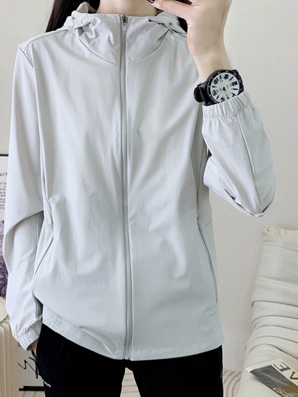 Summer Solid Color Hooded Ice Silk Cool, Elastic, Breathable, Anti-UV Lady Sun Protection Clothing Light Grey