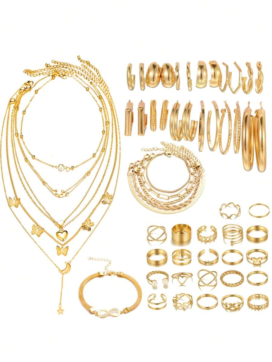 35 chiếc Vòng cổ bông tai đa yếu tố bằng kim loại hình trái tim và bướm giả ngọc trai đơn giản và thanh lịch Bộ 3 trong 1 màu vàng, lý tưởng cho trang phục thường ngày hàng ngày của phụ nữ và tặng quà cho gia đình, bạn thân và bạn gái (Không bao gồm hộp) - Vàng - Xem 1