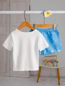 Baby Girl Cartoon Girl Printed Short Sleeve T-Shirt+Flower Printed Shorts Set