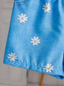 Baby Girl Cartoon Girl Printed Short Sleeve T-Shirt+Flower Printed Shorts Set