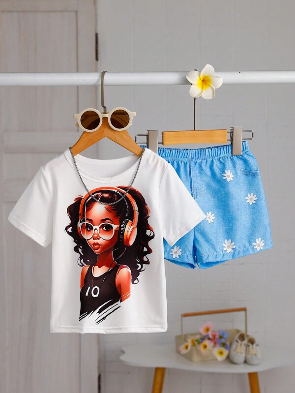 Baby Girl Cartoon Girl Printed Short Sleeve T-Shirt+Flower Printed Shorts Set