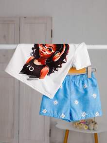 Baby Girl Cartoon Girl Printed Short Sleeve T-Shirt+Flower Printed Shorts Set