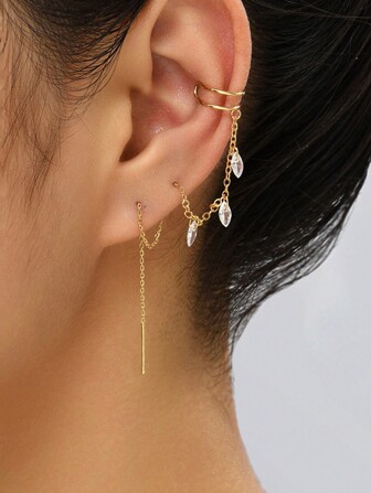 Nooxian 1 Pair Women Fashionable C Shape Copper Ear Cuff With Cubic Zirconia Decorated Tassel Ear Chain, Unique Ladies Jewelry Gift (Zirconia Placement Random)