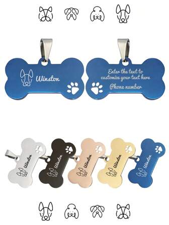 Placa de identificación para mascota azul, pequeña, personalizada, con forma de hueso. La parte trasera se puede personalizar con el nombre, la información de contacto, la dirección, etc. Grabada para evitar que se pierda. Adecuada para perros y gatos pequeños y medianos. Ornamental, grabada, de acero inoxidable. Elegante, moderna, colorida, vintage, bonita, con un diseño redondeado. Personalizada, única, personalizada. Para aniversarios, cumpleaños, vacaciones, artículos para mascotas.