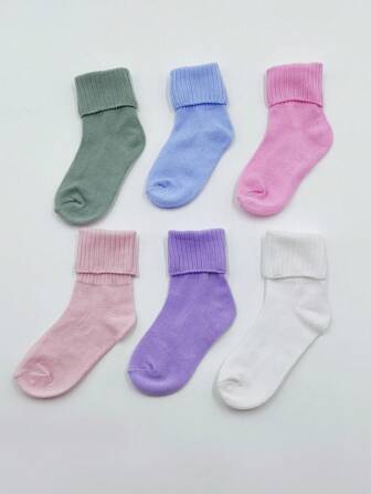 6 双/包糖果色可折叠两穿儿童袜子，纯色透气无缝无束缚男女儿童休闲袜