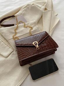 Crocodile Pattern Small Square Bag, Fashionable And Versatile Shoulder And Crossbody Bag, Minimalist Style Trapezoidal Compartment Chain Bag - Coffee Brown - View 4