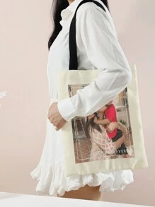 1pc Customized Canvas Bag, Unique Design (Photo, Landscape, Illustration), Foldable, Large Capacity, Lightweight, Stylish, Personalized Tote Bag, Shoulder Bag, Casual Shopping Bag Shop Back To School
