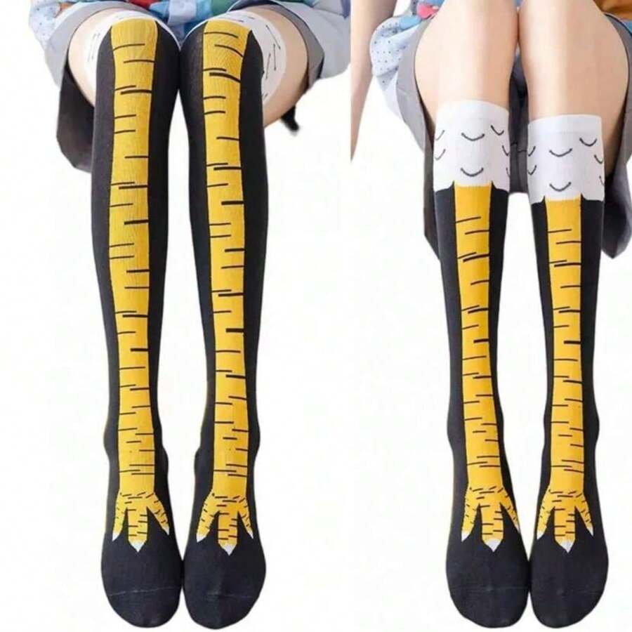 1 Par De Calcetines Largos Hasta La Rodilla Con Diseño En Forma De Pies De Pollo Para Mujer BARBYHOME - Multicolor - Ver 1
