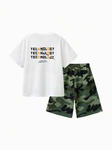 Balabala Conjunto de manga curta para meninos pré-adolescentes, esportivo e casual, conjunto de duas peças para meninos pré-adolescentes, ajuste solto, estampa de verão