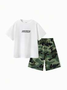 Balabala Conjunto de manga curta para meninos pré-adolescentes, esportivo e casual, conjunto de duas peças para meninos pré-adolescentes, ajuste solto, estampa de verão