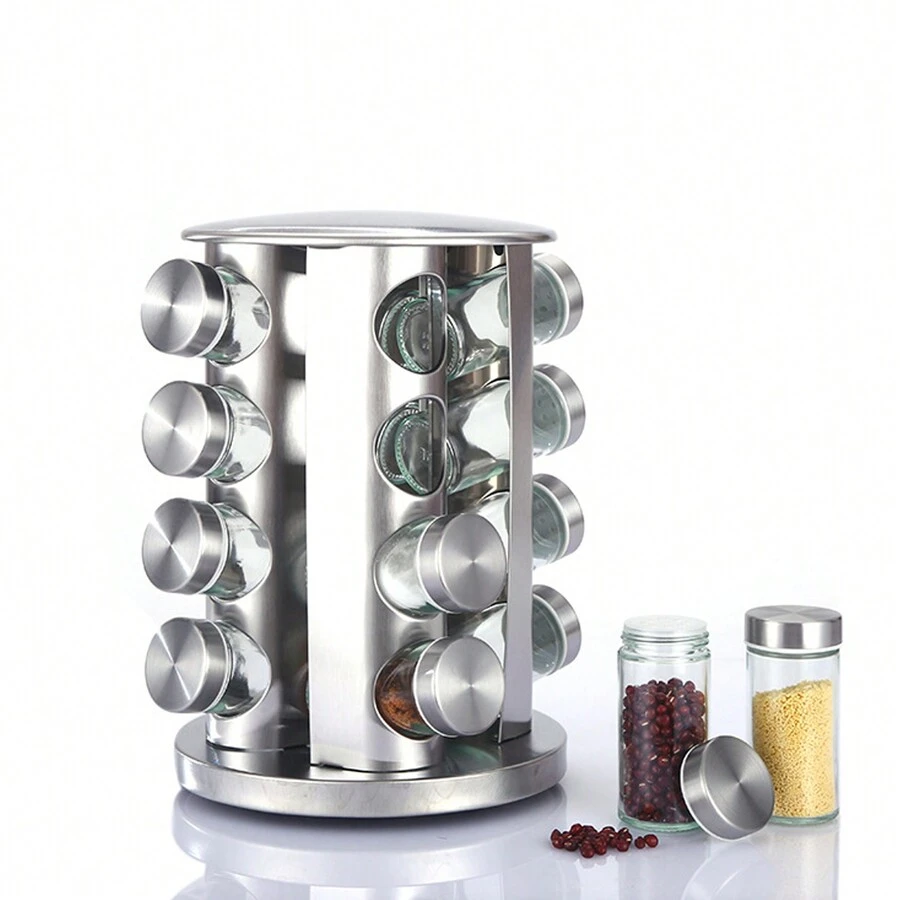 1 Set, Spice Rack, Rotating Spice Rack With 8/12/16 Jars, Revolving Spice Rack Organizer For Cabinet, Seasoning Organizer, Stainless Steel Kitchen Spice Tower, Kitchen Tools - Stainless Steel Color - View 1