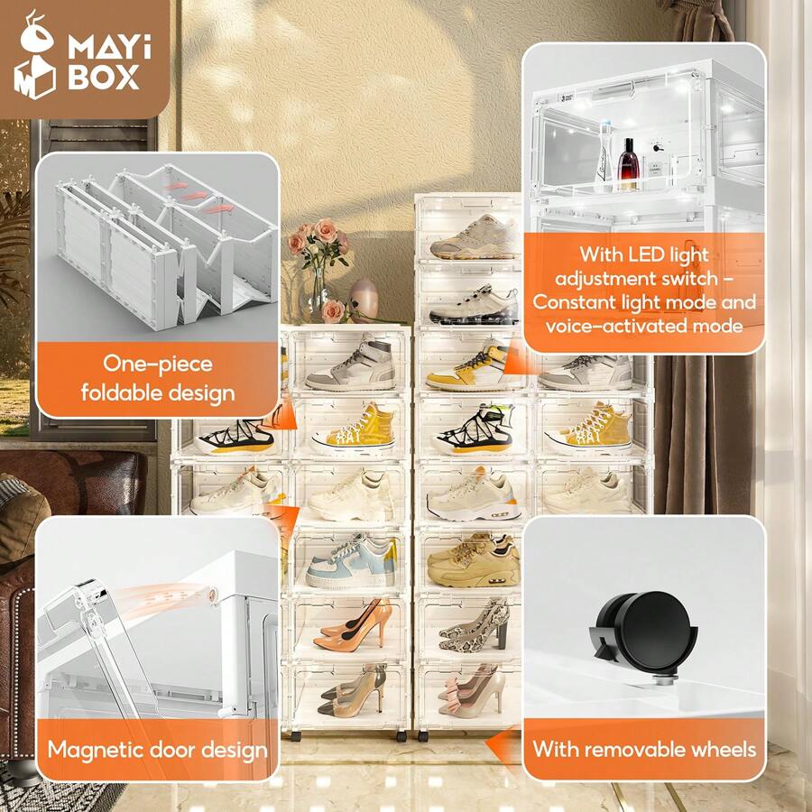 Mayi Box Foldable Shoe Storage Organizer For Closet With Wheels And LED