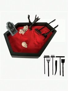 DALUHE Ornamento del arenero de Halloween, artesanías de micro paisajes de arenero, decoraciones personalizadas de escritorio de sala de estar, set de rastrillo de bambú para arenero, arenero de escritorio, adornos creativos - Rojo - Ver 9