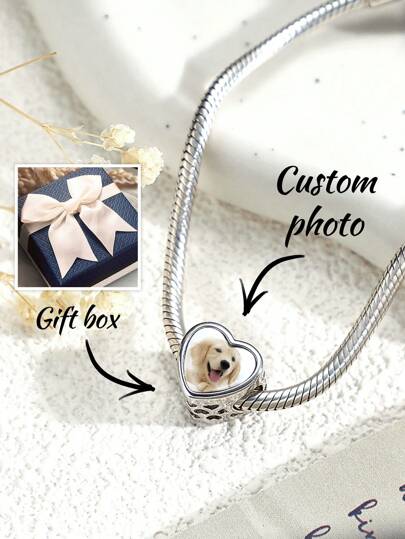 1pc Custom Photo Beads Silver Hollow Dog Heart Beads Personalized Spacer Beads Stainless Steel Metal Jewelry Bracelet Making Anniversary Gift, Valentine Gift, Birthday Gift, Wedding Gift, Mother's Day Gift, Best Friend Gift, Gift For Mom, Gift For Her, Gift For Girlfriend, Gift For Wife, Gift For Friend Gift For Husband\ Boyfriend\ Brother Gifts For Men\ Women Pet Lover Owner Friends Silver/ Rose Gold/ Gold