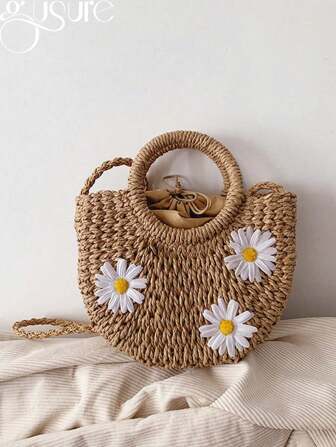 圆形 S 女士夏季包编织半圆形波西米亚斜挎包雏菊装饰钱包、夏季女士包、女士度假包、假日、草编钱包、草编沙滩包、沙滩必需品、沙滩必需品、沙滩用品和夏季必需品、最适合海滩氛围的女士包、时尚柳条包、夏季时尚度假包