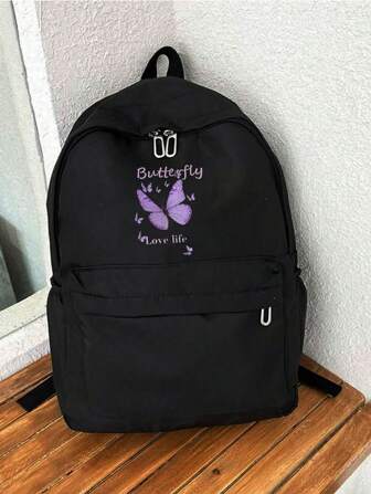Simple Solid Color Girls Female School Bag Teen Travel,Casual Shoulder Bag,Butterfly Pattern,Large-Capacity Student Backpack,Cute Ins Style Design,Suitable For Teenagers Aged 14-16,College Students Returning,Fashionable And Practical School Bag,A Must-Have For Postmen, Backpack, Bag For School,Bag School, Butterfly Bag