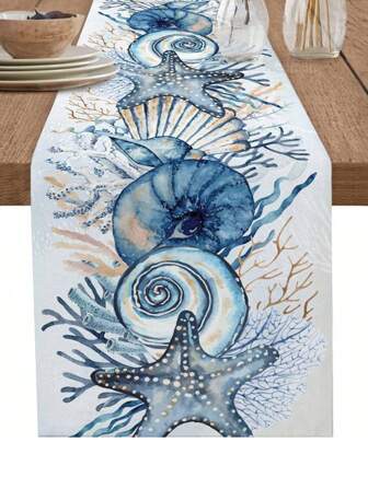 1 pieza Corredor de mesa de lino para comedor, decorado con coral azul y conchas marinas en estilo vintage, para bodas, fiestas o vacaciones en la playa
