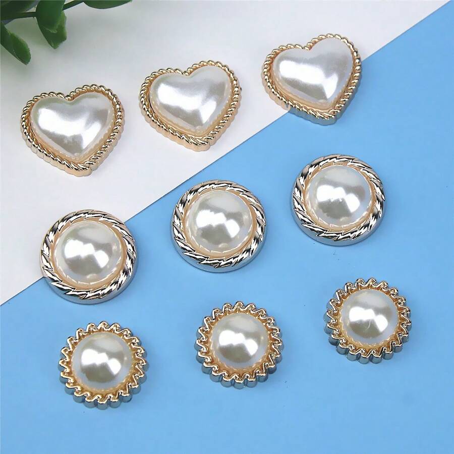Conjunto de 10 botones de oro perlados para ropa con respaldo plano para manualidades de jardín y hogar, accesorios para scrapbooking - Multicolor - Ver 1