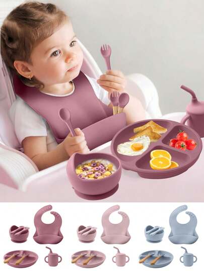 PopLittleOne 8PCS Children's Tableware Set Baby Dishes Sucker Plate Bowl Utensils Soft Silicone Cup Bibs Spoon Fork Sets Mother Kids Tableware Baby Items