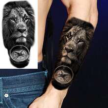 8 láminas de pegatinas temporales de tatuajes de león realistas y grandes para hombres y mujeres adultos, tatuajes falsos de guerrero espartano impermeables con ojo, tatuaje floral de brújula negra y cráneo,tatuajes maquina para tatuar tatuajes falsos - Negro - Ver 2
