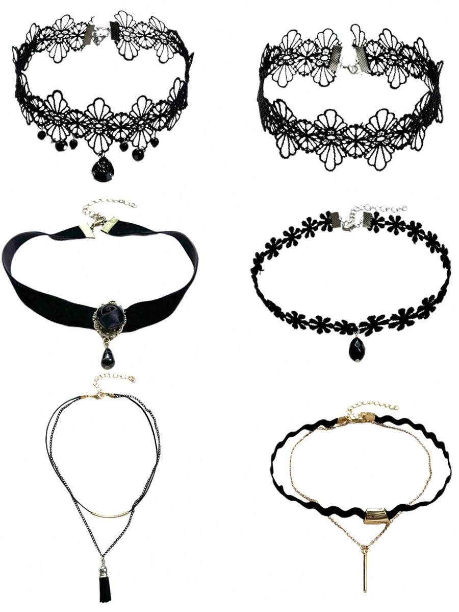 1 Bộ 6 Vòng Cổ Choker Nữ Bán Buôn, Vòng Cổ Đa Năng - màu đen - Xem 1