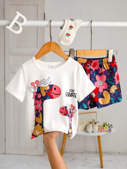 Baby Girl Set Cartoon Deer Printed Short Sleeve T-Shirt And Shorts, Summer
