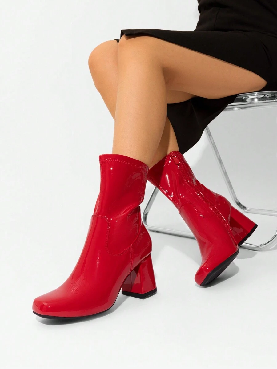 Women's Go Go Boots Mid Calf Low Block Heel Boots Zipper Square Toe Ankle Boots Lightweight Comfort For Party Cosplay Dance Christmas Holiday New Year Winter Black Boots - 紅色 - 查看 1