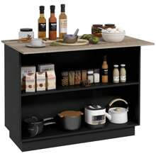 HOMCOM Isla de Cocina con 2 Estantes Abiertos y 2 Armarios con Puertas, Mueble de Cocina de MDF, 105x60x82 cm, Color Roble y Negro