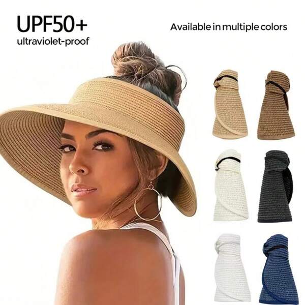 Un chapeau de paille pour femmes pliable à couleur unie avec nœud papillon, chapeau de soleil à la mode et polyvalent pour la plage et les activités en plein air offrant une protection du visage et du soleil