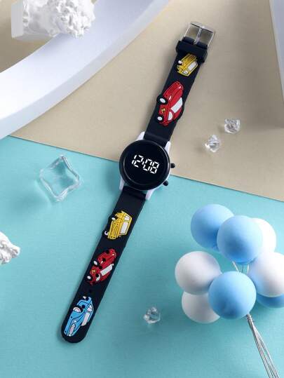 1 Đồng hồ đeo tay LED tròn họa tiết ô tô dễ thương cho trẻ em Unisex, đeo hàng ngày
