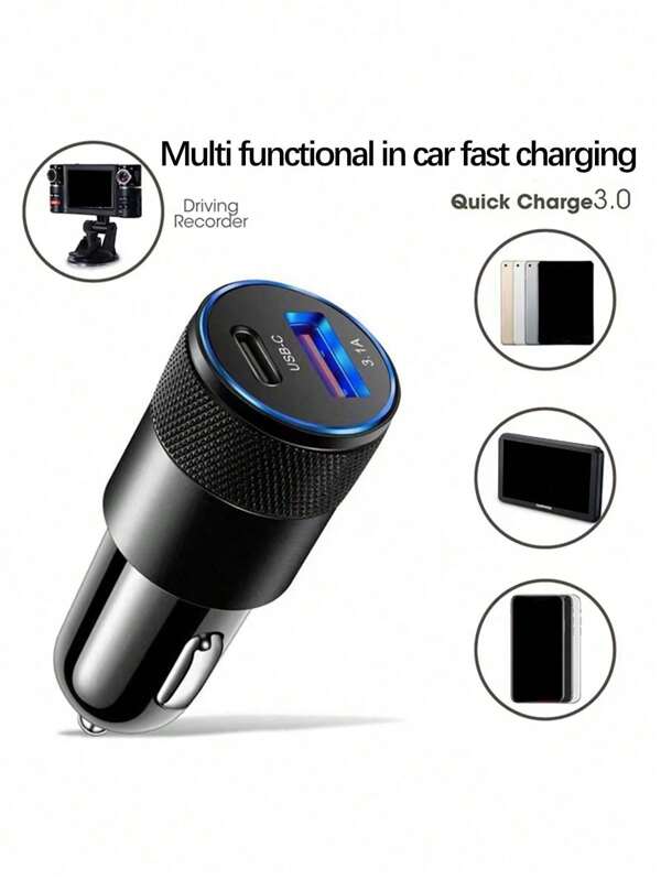 1 Piece Of 3.1a Usb+Pd Interface Metal Fast Charging Car Charger, Suitable For 12v 24v Cars, Buses And Trucks.