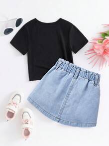 少女菊花短袖T恤和花卉印花牛仔裙套裝，夏季 - 黑色 - 查看 2