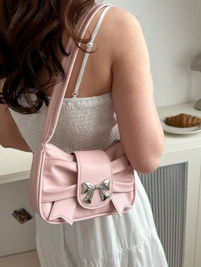 Cloud Shaped Wrinkled Solid Color Shoulder Bag With Bowknot, Fashionable And Versatile, Perfect Valentine's Day Gift For Her, Best Valentines' Gift Choice Ever, Fashionable Bow Purse For Women , Pink