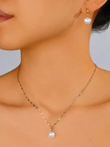 Set de 3 piezas de joyería minimalista y versátil con collar, gargantilla y aretes con perlas falsas para mujer - Multicolor - Ver 15