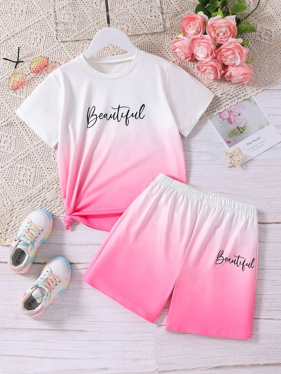 2pcs/Set Tween Girls Casual Sports Outfit, Comfortable & Loose-Fit Pink Ombre Short Sleeve Top And Shorts Set, Summer - Pink - View 1