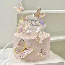 1 pieza 10pcs/20pcs Decoraciones para pasteles de mariposas, mariposas iridiscentes y realistas, creativas adornos para pasteles de cumpleaños con selecciones para hornear coloridas - Mariposa rosa con rayas doradas - Ver 12