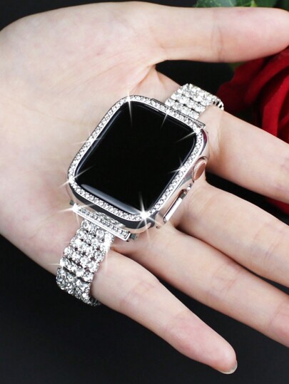 2-In-1 Compatible With Apple Watch Band + Case Combination Set Women, Stylish And Elegant Shiny Four-Row Diamond-Studded Metal Band + Shiny Diamond-Studded Anti-Drop And Scratch-Resistant Pc Hollow Case, Compatible With Apple Watch 40/41/42/44/45/46/49mm Band Case Compatible With Apple Watch Series Ultra/11/10/9/8/7/6/5/4/Se Adjust The Length By Hand, Easy To Wear