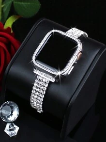 2-In-1 Compatible With Apple Watch Band + Case Combination Set Women, Stylish And Elegant Shiny Four-Row Diamond-Studded Metal Band + Shiny Diamond-Studded Anti-Drop And Scratch-Resistant Pc Hollow Case, Compatible With Apple Watch 40/41/42/44/45/46/49mm Band Case Compatible With Apple Watch Series Ultra/11/10/9/8/7/6/5/4/Se Adjust The Length By Hand, Easy To Wear