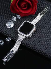 2-In-1 Compatible With Apple Watch Band + Case Combination Set Women, Stylish And Elegant Shiny Four-Row Diamond-Studded Metal Band + Shiny Diamond-Studded Anti-Drop And Scratch-Resistant Pc Hollow Case, Compatible With Apple Watch 40/41/42/44/45/46/49mm Band Case Compatible With Apple Watch Series Ultra/11/10/9/8/7/6/5/4/Se Adjust The Length By Hand, Easy To Wear