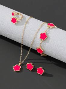 1 pieza Brazalete de trébol con suerte dulce, 1 pieza Anillo, 1 pieza de Aretes, 1 pieza Conjunto de Collar de San Valentín
