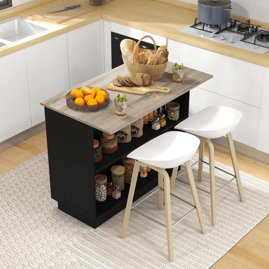 HOMCOM Isla de Cocina con 2 Estantes Abiertos y 2 Armarios con Puertas, Mueble de Cocina de MDF, 105x60x82 cm, Color Roble y Negro