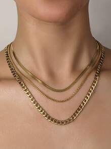 3入組不銹鋼金黃色簡約時尚項鍊套裝 - 金黃色 - 查看 1