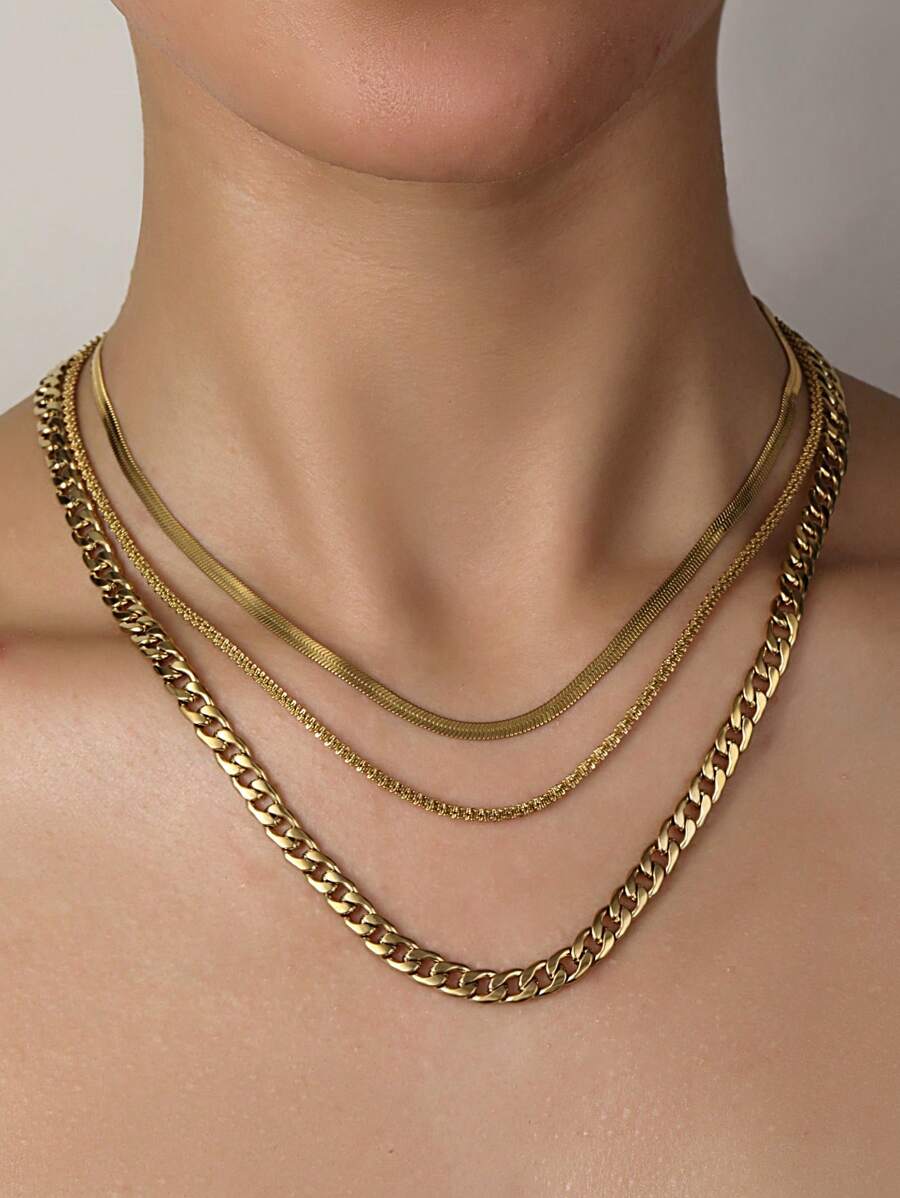 3入組不銹鋼金黃色簡約時尚項鍊套裝 - 金黃色 - 查看 1