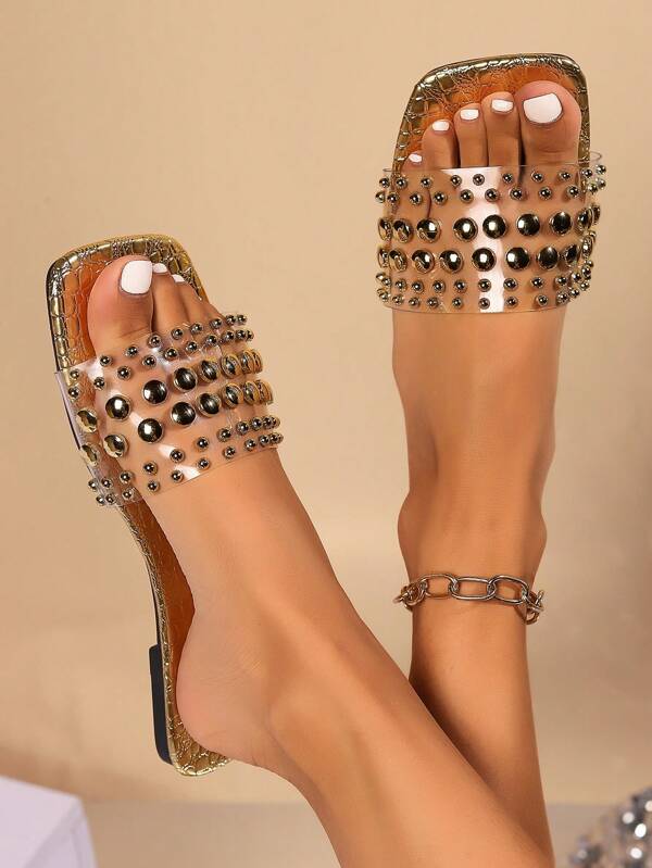 Women's Polka Dot Textured Transparent Strap Square Toe Flat Sandals, Fashionable Color PU Flat Sandals