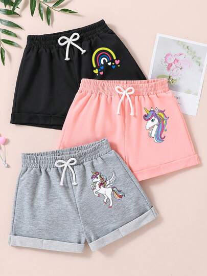 Conjunto de 3 piezas de pantalones cortos con estampado de unicornio de caricatura para niñas jóvenes