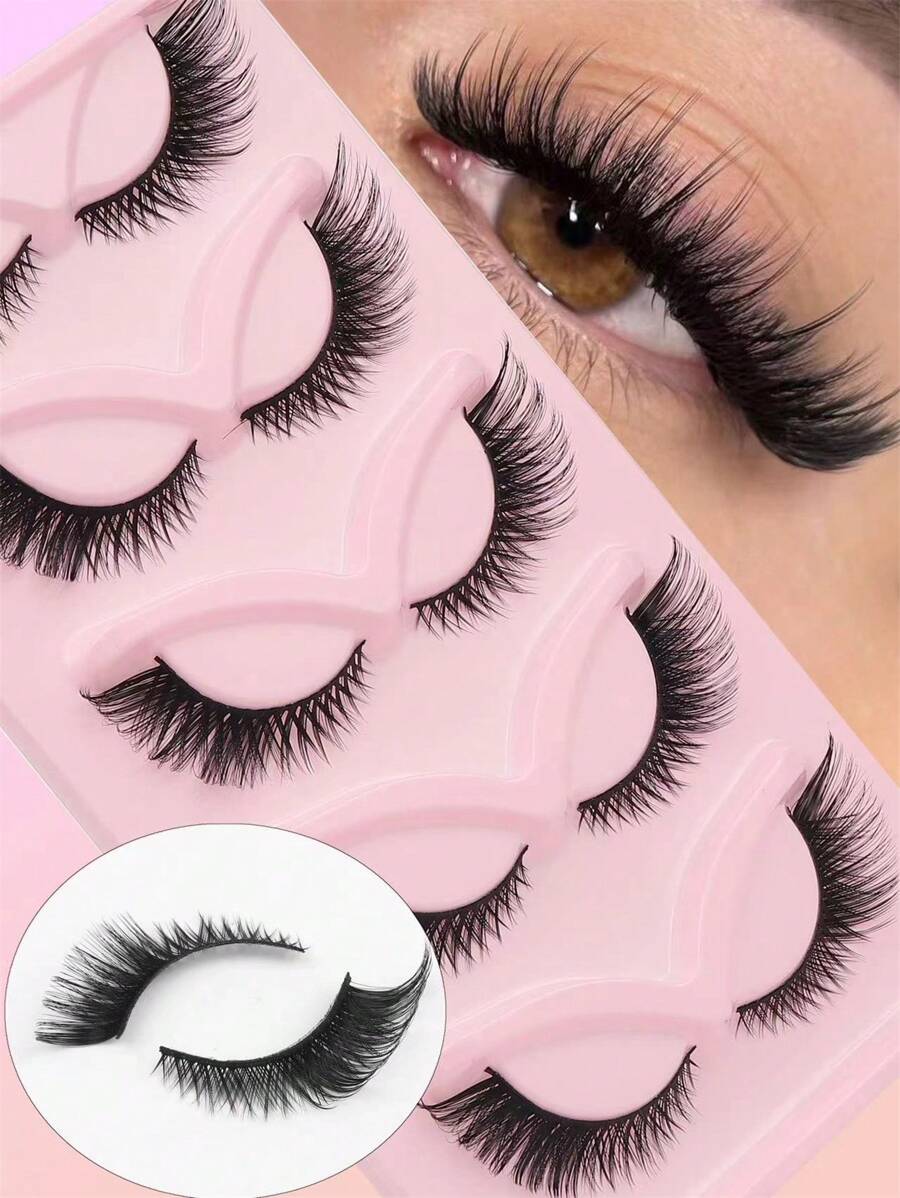 5 Pairs Thick And Curly Crossed False Eyelashes With Black Stem Natural