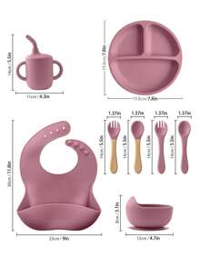 PopLittleOne 8PCS Children's Tableware Set Baby Dishes Sucker Plate Bowl Utensils Soft Silicone Cup Bibs Spoon Fork Sets Mother Kids Tableware Baby Items - Pink - View 8