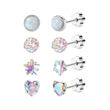 4 Pairs Women Hypoallergenic Flat Back Earrings 14K Gold Cartilage Earrings For Sensitive Skin Star Heart Opal Helix Screwback Stud Earrings Pink, Silver, AB, Suitable For Men, Women And Girls Valentines
