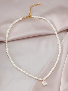 1 Vòng Cổ Mặt Dây Chuyền Thủy Tinh Vuông Tối Giản Cổ Điển, Thiết Kế Độc Đáo Và Ngọc Trai Mô Phỏng, dây Xương Đòn Cho Nữ Trang Trí Lễ Hội - Màu be - Xem 4